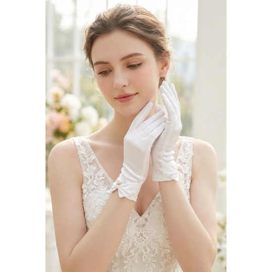 Rovienne Pearl Beyaz Satin Eldiven &ndash; İnci Detaylı Kısa L&uuml;ks Gelin ve Davet Aksesuarı-ROVIENNE-2