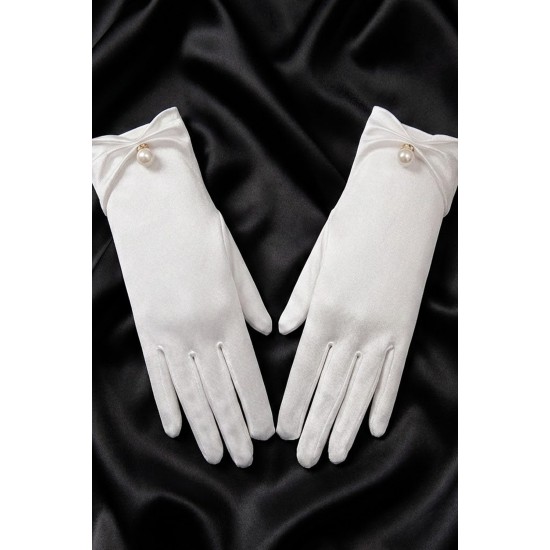 Rovienne Pearl Beyaz Satin Eldiven &ndash; İnci Detaylı Kısa L&uuml;ks Gelin ve Davet Aksesuarı-ROVIENNE-2