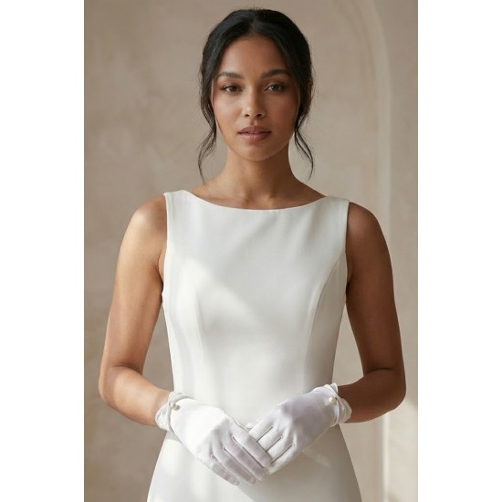 Rovienne Pearl Beyaz Satin Eldiven &ndash; İnci Detaylı Kısa L&uuml;ks Gelin ve Davet Aksesuarı-ROVIENNE-2