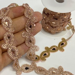 Rose Rengi Şal Desenli Ütüyle Yapışan Şerit Taş Aplik-SA-1086