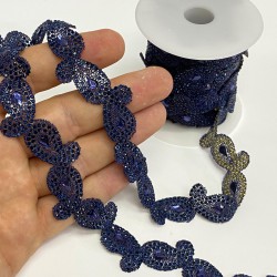 Lacivert Şal Desenli Ütüyle Yapışan Şerit Taş Aplik-SA-1087