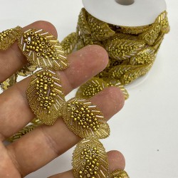Gold Renk Yaprak Desenli Ütüyle Yapışan Şerit Taşlı Aplik-SA-1088