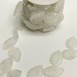 Şeffaf Beyaz Yaprak Desenli Ütüyle Yapışan Şerit Taşlı Aplik-SA-1090