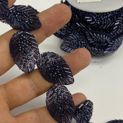 Lacivert Yaprak Desenli Ütüyle Yapışan Şerit Taşlı Aplik-SA-1091