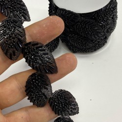 Siyah Yaprak Desenli Ütüyle Yapışan Şerit Taşlı Aplik-SA-1093