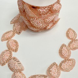 Pembe Yaprak Desenli Ütüyle Yapışan Şerit Taşlı Aplik-SA-1094