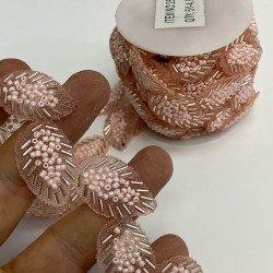 Pembe Yaprak Desenli Ütüyle Yapışan Şerit Taşlı Aplik-SA-1094