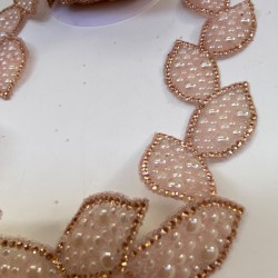 Pudra Yaprak Motifli Ütüyle Yapışan Taş Şerit Aplik-SA-1099