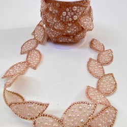 Pudra Yaprak Motifli Ütüyle Yapışan Taş Şerit Aplik-SA-1099