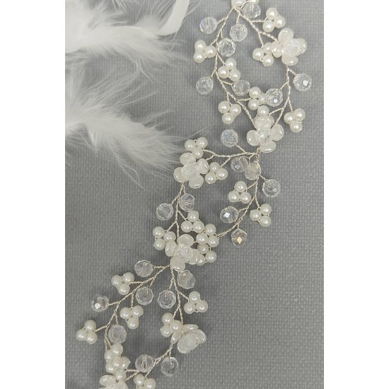 Beyaz Kristal Çiçek Desenli Saç Aksesuarı-SAK-1058
