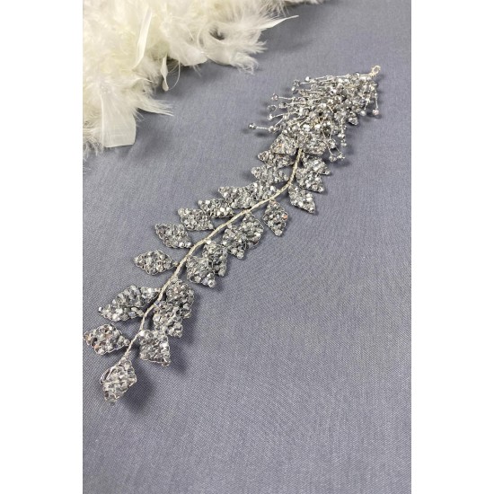Gümüş Liliz Model Kristal Boncuklu Saç Ve Türban Aksesuarı-SAK-1100