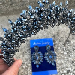 Salome Lacivert Gelin Kına Tacı Özel Gün Aksesuar Kadın Taç Ve İnce Mekik Küpe Takımı-SALOME-10 Salome Lacivert Gelin Kına Tacı Özel Gün Aksesuar Kadın Taç Ve İnce Mekik Küpe Takımı-SALOME-10