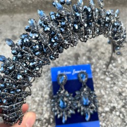 Salome Lacivert Gelin Kına Tacı Özel Gün Aksesuar Kadın Taç Ve Geniş Mekik Küpe Takımı-SALOME-11 Salome Lacivert Gelin Kına Tacı Özel Gün Aksesuar Kadın Taç Ve Geniş Mekik Küpe Takımı-SALOME-11