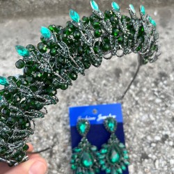 Salome Yeşil Gelin Kına Tacı Özel Gün Aksesuar Kadın Taç Ve Geniş Mekik Küpe Takımı-SALOME-12 Salome Yeşil Gelin Kına Tacı Özel Gün Aksesuar Kadın Taç Ve Geniş Mekik Küpe Takımı-SALOME-12