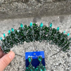 Salome Yeşil Gelin Kına Tacı Özel Gün Aksesuar Kadın Taç Ve Geniş Mekik Küpe Takımı-SALOME-12 Salome Yeşil Gelin Kına Tacı Özel Gün Aksesuar Kadın Taç Ve Geniş Mekik Küpe Takımı-SALOME-12