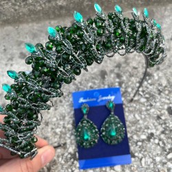 Salome Yeşil Gelin Kına Tacı Özel Gün Aksesuar Kadın Taç Ve Damla Mekik Küpe Takımı-SALOME-13 Salome Yeşil Gelin Kına Tacı Özel Gün Aksesuar Kadın Taç Ve Damla Mekik Küpe Takımı-SALOME-13