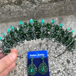 Salome Yeşil Gelin Kına Tacı Özel Gün Aksesuar Kadın Taç Ve Damla Mekik Küpe Takımı-SALOME-13 Salome Yeşil Gelin Kına Tacı Özel Gün Aksesuar Kadın Taç Ve Damla Mekik Küpe Takımı-SALOME-13