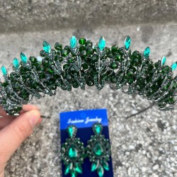 Salome Yeşil Gelin Kına Tacı Özel Gün Aksesuar Kadın Taç Ve Üç Mekik Küpe Takımı-SALOME-15 Salome Yeşil Gelin Kına Tacı Özel Gün Aksesuar Kadın Taç Ve Üç Mekik Küpe Takımı-SALOME-15