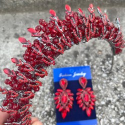 Salome Kırmızı Gelin Kına Tacı Özel Gün Aksesuar Kadın Taç Ve İnce Mekik Küpe Takımı-SALOME-16 Salome Kırmızı Gelin Kına Tacı Özel Gün Aksesuar Kadın Taç Ve İnce Mekik Küpe Takımı-SALOME-16