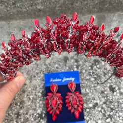 Salome Kırmızı Gelin Kına Tacı Özel Gün Aksesuar Kadın Taç Ve İnce Mekik Küpe Takımı-SALOME-16 Salome Kırmızı Gelin Kına Tacı Özel Gün Aksesuar Kadın Taç Ve İnce Mekik Küpe Takımı-SALOME-16