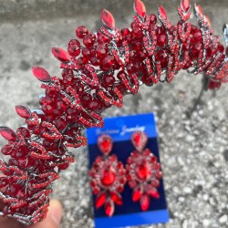 Salome Kırmızı Gelin Kına Tacı Özel Gün Aksesuar Kadın Taç Ve Üç Mekik Küpe Takımı-SALOME-17 Salome Kırmızı Gelin Kına Tacı Özel Gün Aksesuar Kadın Taç Ve Üç Mekik Küpe Takımı-SALOME-17