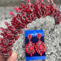 Salome Kırmızı Gelin Kına Tacı Özel Gün Aksesuar Kadın Taç Ve Geniş Mekik Küpe Takımı-SALOME-18 Salome Kırmızı Gelin Kına Tacı Özel Gün Aksesuar Kadın Taç Ve Geniş Mekik Küpe Takımı-SALOME-18