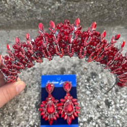 Salome Kırmızı Gelin Kına Tacı Özel Gün Aksesuar Kadın Taç Ve Geniş Mekik Küpe Takımı-SALOME-18 Salome Kırmızı Gelin Kına Tacı Özel Gün Aksesuar Kadın Taç Ve Geniş Mekik Küpe Takımı-SALOME-18