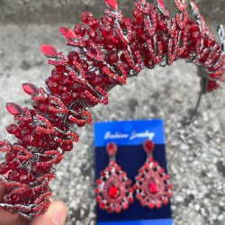 Salome Kırmızı Gelin Kına Tacı Özel Gün Aksesuar Kadın Taç Ve Damla Mekik Küpe Takımı-SALOME-19 Salome Kırmızı Gelin Kına Tacı Özel Gün Aksesuar Kadın Taç Ve Damla Mekik Küpe Takımı-SALOME-19