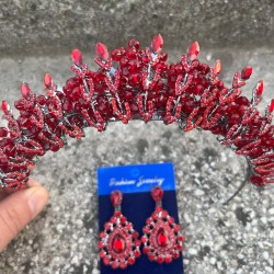 Salome Kırmızı Gelin Kına Tacı Özel Gün Aksesuar Kadın Taç Ve Damla Mekik Küpe Takımı-SALOME-19 Salome Kırmızı Gelin Kına Tacı Özel Gün Aksesuar Kadın Taç Ve Damla Mekik Küpe Takımı-SALOME-19