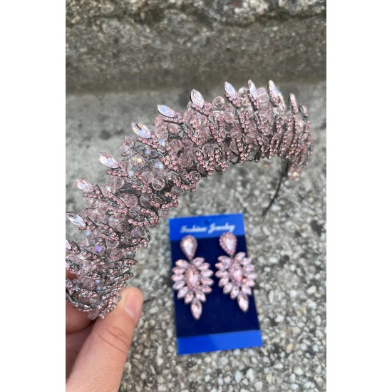Salome Pembe Gelin Kına Tacı Özel Gün Aksesuar Kadın Taç Ve İnce Mekik Küpe Takımı-SALOME-24 Salome Pembe Gelin Kına Tacı Özel Gün Aksesuar Kadın Taç Ve İnce Mekik Küpe Takımı-SALOME-24