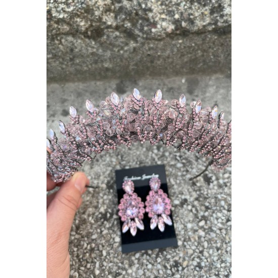 Salome Pembe Gelin Kına Tacı Özel Gün Aksesuar Kadın Taç Ve Üç Mekik Küpe Takımı-SALOME-26 Salome Pembe Gelin Kına Tacı Özel Gün Aksesuar Kadın Taç Ve Üç Mekik Küpe Takımı-SALOME-26