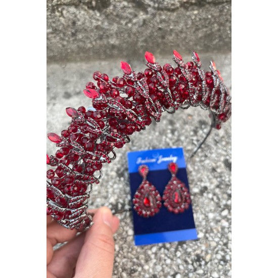 Salome Bordo Gelin Kına Tacı Özel Gün Aksesuar Kadın Taç Ve Damla Mekik Küpe Takımı-SALOME-28 Salome Bordo Gelin Kına Tacı Özel Gün Aksesuar Kadın Taç Ve Damla Mekik Küpe Takımı-SALOME-28