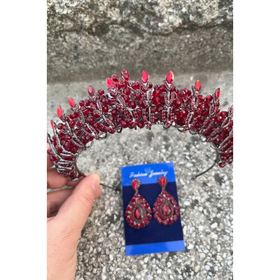 Salome Bordo Gelin Kına Tacı Özel Gün Aksesuar Kadın Taç Ve Damla Mekik Küpe Takımı-SALOME-28 Salome Bordo Gelin Kına Tacı Özel Gün Aksesuar Kadın Taç Ve Damla Mekik Küpe Takımı-SALOME-28