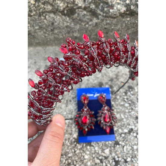 Salome Bordo Gelin Kına Tacı Özel Gün Aksesuar Kadın Taç Ve Geniş Mekik Küpe Takımı-SALOME-29 Salome Bordo Gelin Kına Tacı Özel Gün Aksesuar Kadın Taç Ve Geniş Mekik Küpe Takımı-SALOME-29