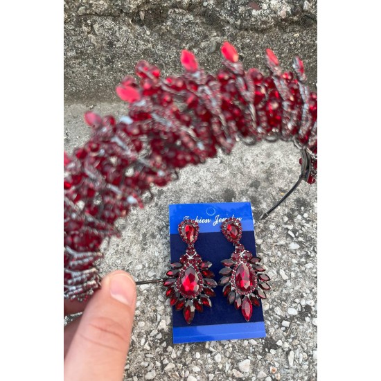Salome Bordo Gelin Kına Tacı Özel Gün Aksesuar Kadın Taç Ve Geniş Mekik Küpe Takımı-SALOME-29 Salome Bordo Gelin Kına Tacı Özel Gün Aksesuar Kadın Taç Ve Geniş Mekik Küpe Takımı-SALOME-29
