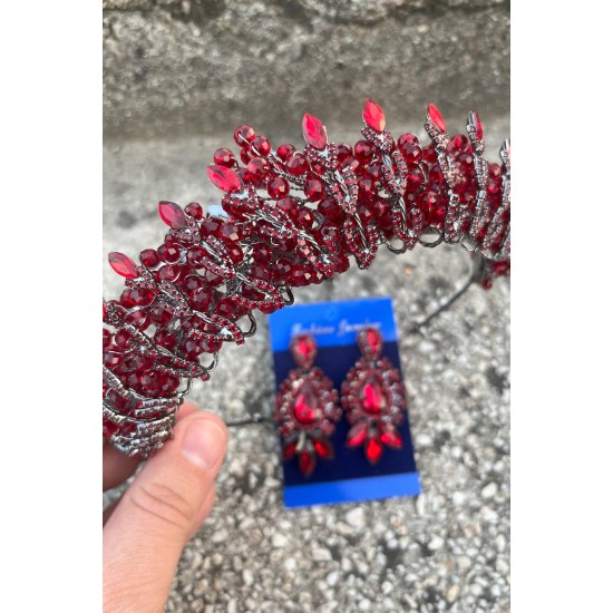 Salome Bordo Gelin Kına Tacı Özel Gün Aksesuar Kadın Taç Ve Üç Mekik Küpe Takımı-SALOME-30 Salome Bordo Gelin Kına Tacı Özel Gün Aksesuar Kadın Taç Ve Üç Mekik Küpe Takımı-SALOME-30
