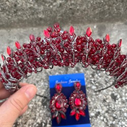 Salome Bordo Gelin Kına Tacı Özel Gün Aksesuar Kadın Taç Ve Üç Mekik Küpe Takımı-SALOME-30 Salome Bordo Gelin Kına Tacı Özel Gün Aksesuar Kadın Taç Ve Üç Mekik Küpe Takımı-SALOME-30