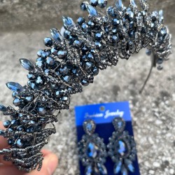 Salome Lacivert Gelin Kına Tacı Özel Gün Aksesuar Kadın Taç Ve Üç Mekik Küpe Takımı-SALOME-9 Salome Lacivert Gelin Kına Tacı Özel Gün Aksesuar Kadın Taç Ve Üç Mekik Küpe Takımı-SALOME-9