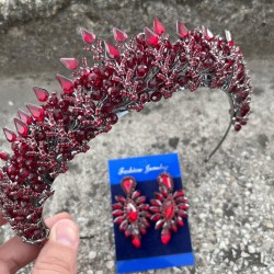 Salvatore Bordo Gelin Kına Tacı Özel Gün Aksesuar Kadın Taç Ve İnce Mekik Küpe Takımı-SALVATORE-13 Salvatore Bordo Gelin Kına Tacı Özel Gün Aksesuar Kadın Taç Ve İnce Mekik Küpe Takımı-SALVATORE-13