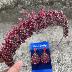 Salvatore Bordo Gelin Kına Tacı Özel Gün Aksesuar Kadın Taç Ve Damla Mekik Küpe Takımı-SALVATORE-15 Salvatore Bordo Gelin Kına Tacı Özel Gün Aksesuar Kadın Taç Ve Damla Mekik Küpe Takımı-SALVATORE-15