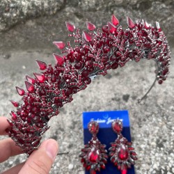 Salvatore Bordo Gelin Kına Tacı Özel Gün Aksesuar Kadın Taç Ve Geniş Mekik Küpe Takımı-SALVATORE-16 Salvatore Bordo Gelin Kına Tacı Özel Gün Aksesuar Kadın Taç Ve Geniş Mekik Küpe Takımı-SALVATORE-16