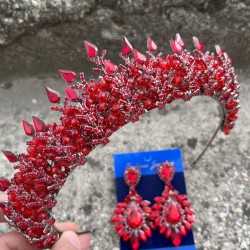 Salvatore Kırmızı Gelin Kına Tacı Özel Gün Aksesuar Kadın Taç Ve Geniş Mekik Küpe Takımı-SALVATORE-6 Salvatore Kırmızı Gelin Kına Tacı Özel Gün Aksesuar Kadın Taç Ve Geniş Mekik Küpe Takımı-SALVATORE-6