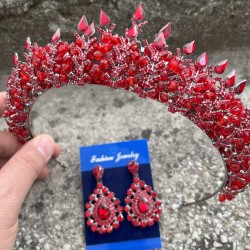 Salvatore Kırmızı Gelin Kına Tacı Özel Gün Aksesuar Kadın Taç Ve Damla Mekik Küpe Takımı-SALVATORE-7 Salvatore Kırmızı Gelin Kına Tacı Özel Gün Aksesuar Kadın Taç Ve Damla Mekik Küpe Takımı-SALVATORE-7
