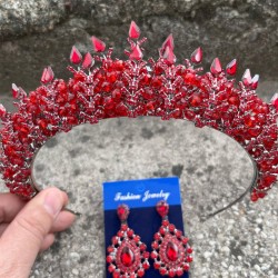 Salvatore Kırmızı Gelin Kına Tacı Özel Gün Aksesuar Kadın Taç Ve Damla Mekik Küpe Takımı-SALVATORE-7 Salvatore Kırmızı Gelin Kına Tacı Özel Gün Aksesuar Kadın Taç Ve Damla Mekik Küpe Takımı-SALVATORE-7