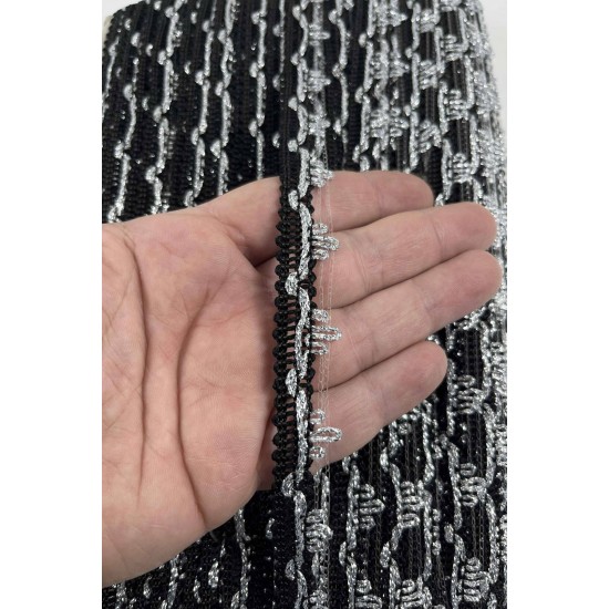 Siyah G&uuml;m&uuml;ş Seraphine L&uuml;ks Dekoratif Kenar S&uuml;s&uuml; Şerit &ndash; El İşi S&uuml;sleme 1 Metre-SERAPHINE-103