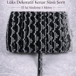 Siyah G&uuml;m&uuml;ş Seraphine L&uuml;ks Dekoratif Kenar S&uuml;s&uuml; Şerit &ndash; El İşi S&uuml;sleme 1 Metre-SERAPHINE-103