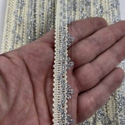 Krem G&uuml;m&uuml;ş Seraphine L&uuml;ks Dekoratif Kenar S&uuml;s&uuml; Şerit &ndash; El İşi S&uuml;sleme 1 Metre-SERAPHINE-105