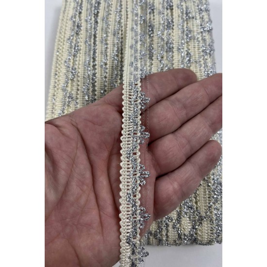 Krem G&uuml;m&uuml;ş Seraphine L&uuml;ks Dekoratif Kenar S&uuml;s&uuml; Şerit &ndash; El İşi S&uuml;sleme 1 Metre-SERAPHINE-105