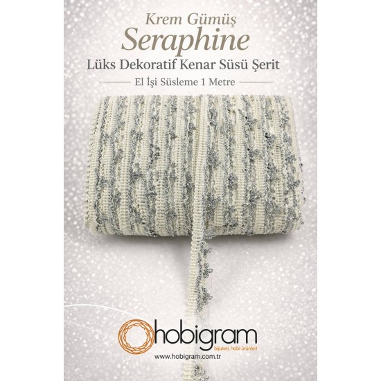 Krem G&uuml;m&uuml;ş Seraphine L&uuml;ks Dekoratif Kenar S&uuml;s&uuml; Şerit &ndash; El İşi S&uuml;sleme 1 Metre-SERAPHINE-105