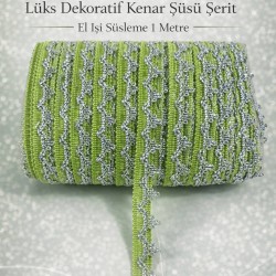 Yeşil G&uuml;m&uuml;ş Seraphine L&uuml;ks Dekoratif Kenar S&uuml;s&uuml; Şerit &ndash; El İşi S&uuml;sleme 1 Metre-SERAPHINE-109